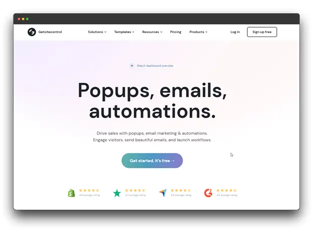 GetSiteControl website homepage promoting popup, email, and automation tools. The image features a banner highlighting the potential to drive sales and engage visitors using these features. There's a call to action to get started for free.