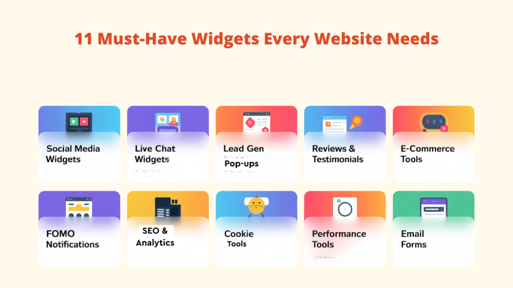 A grid displaying '11 Must-Have Widgets Every Website Needs'. Icons represent various Website Widgets including Social Media Widgets, Live Chat Widgets, Lead Gen Pop-ups, Reviews & Testimonials, E-Commerce Tools, FOMO Notifications, SEO & Analytics, Cookie Tools, Performance Tools, and Email Forms. These are essential Top Website Widgets.